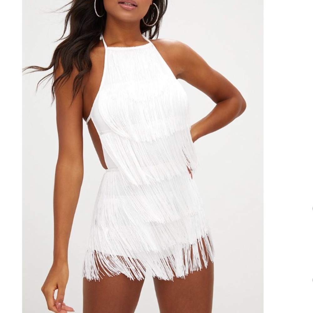 Prettylittlething NEW White tassel romper